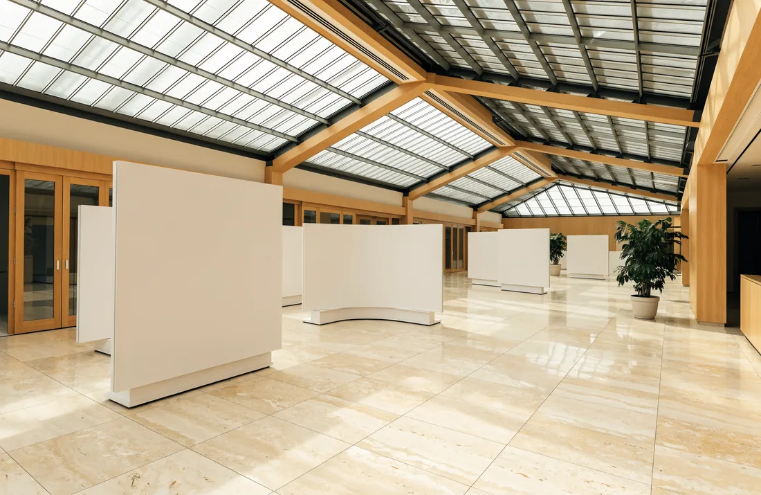 An exhibition hall being prepared before a trade show opens.